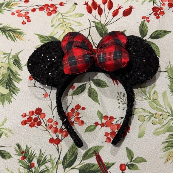 Disney Minnie Holiday Black Sequin Ears with Red Plaid Bow Headband - Picture 3 of 7